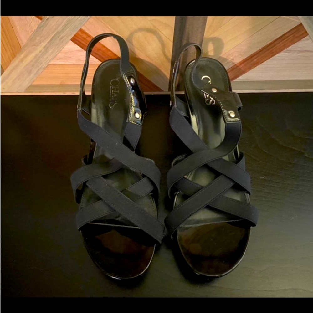Chaps by Ralph Lauren Size 10 black wedge heel strappy patent leather never worn - Picture 2 of 2